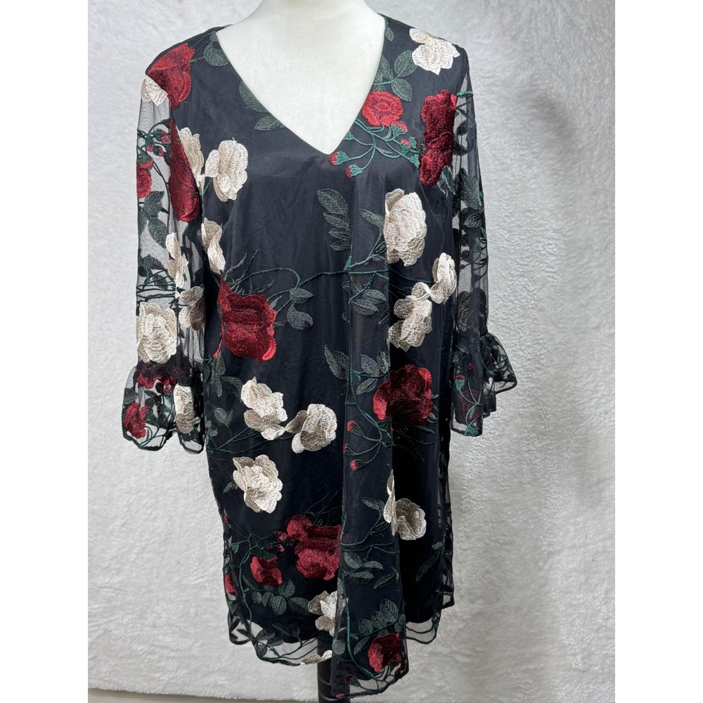 ICE Floral Embroidered Sheer Bell Sleeve Dress Sz 12 Dark Fairy Whimsigoth - Picture 1 of 8